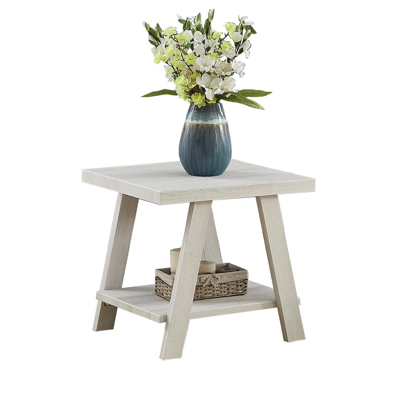 Wood Shelf End Table with Hardwood Veneer Top and Lower Storage Shelf in White