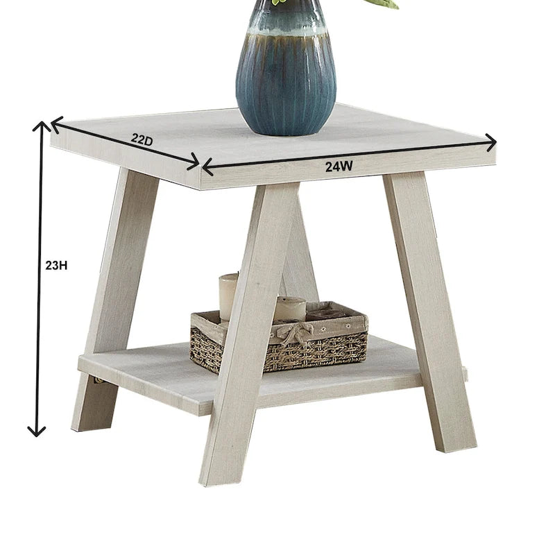 Wood Shelf End Table with Hardwood Veneer Top and Lower Storage Shelf in White