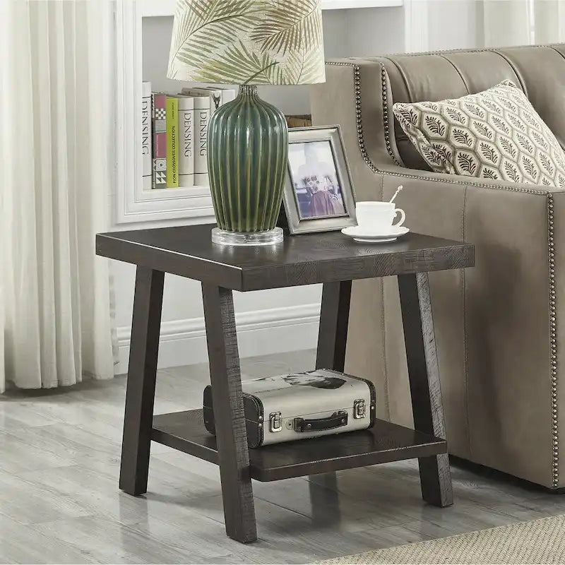Wood Shelf End Table with Hardwood Veneer Top and Lower Storage Shelf in White