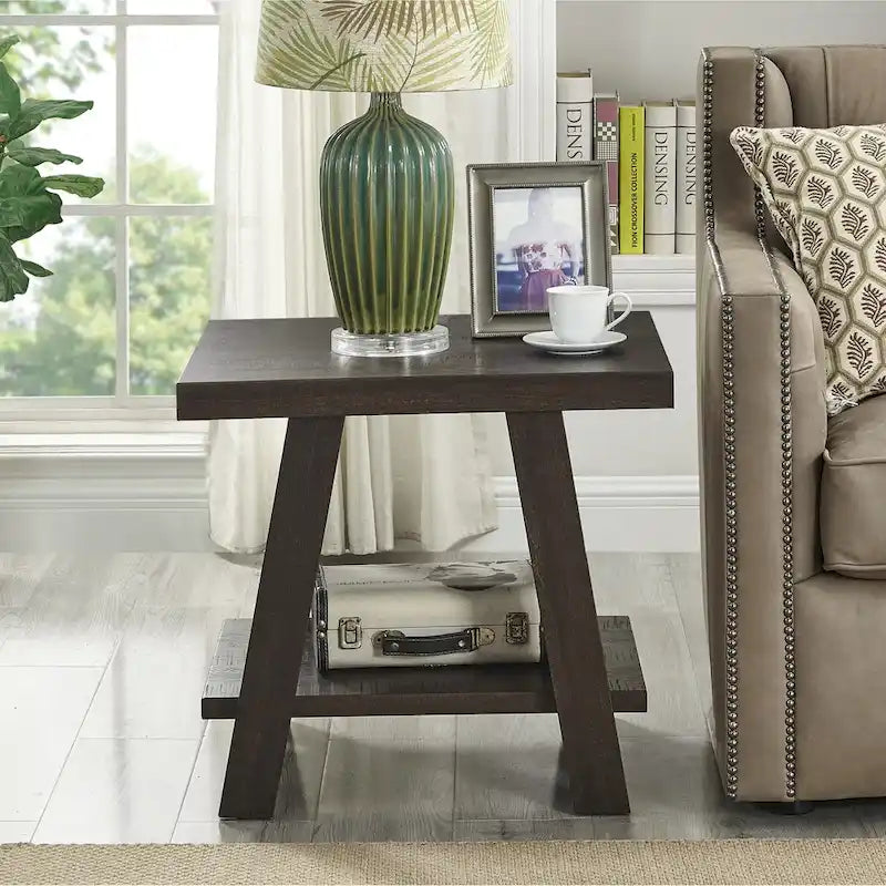 Wood Shelf End Table with Hardwood Veneer Top and Lower Storage Shelf in White