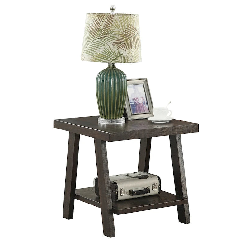 Wood Shelf End Table with Hardwood Veneer Top and Lower Storage Shelf in White