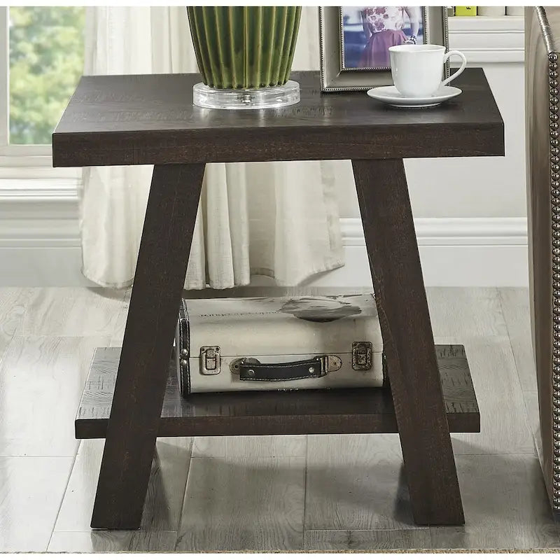 Wood Shelf End Table with Hardwood Veneer Top and Lower Storage Shelf in White