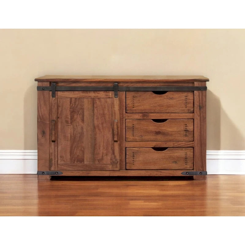 50" Brown Solid Wood Distressed TV Stand with Sliding Barn Door and Storage Drawers