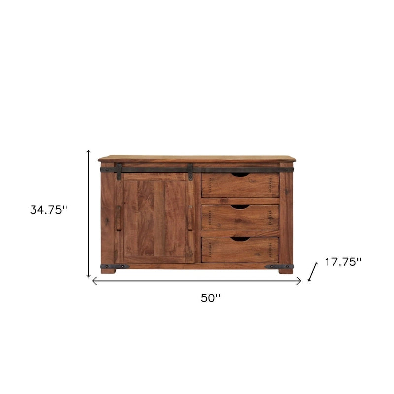 50" Brown Solid Wood Distressed TV Stand with Sliding Barn Door and Storage Drawers