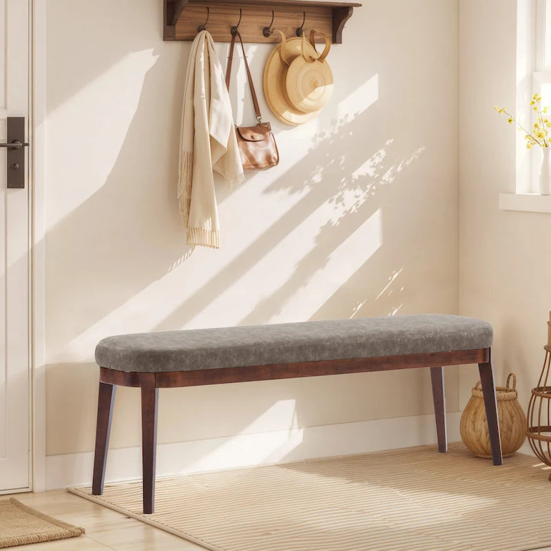 Gepolsterte Bank im Mid-Century-Modern-Stil mit Beinen aus massivem Holz, Braun und Grau