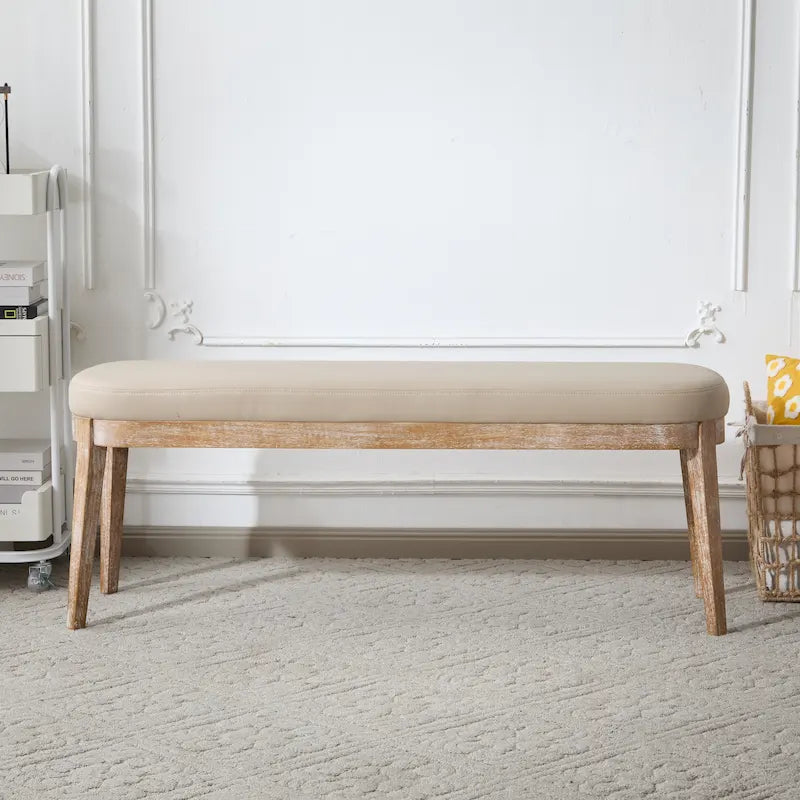 Mid-Century Modern Upholstered Bench with Solid Wood Legs, Brown & Gray