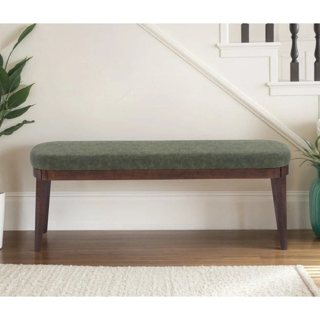 Mid-Century Modern Upholstered Bench with Solid Wood Legs, Brown & Gray