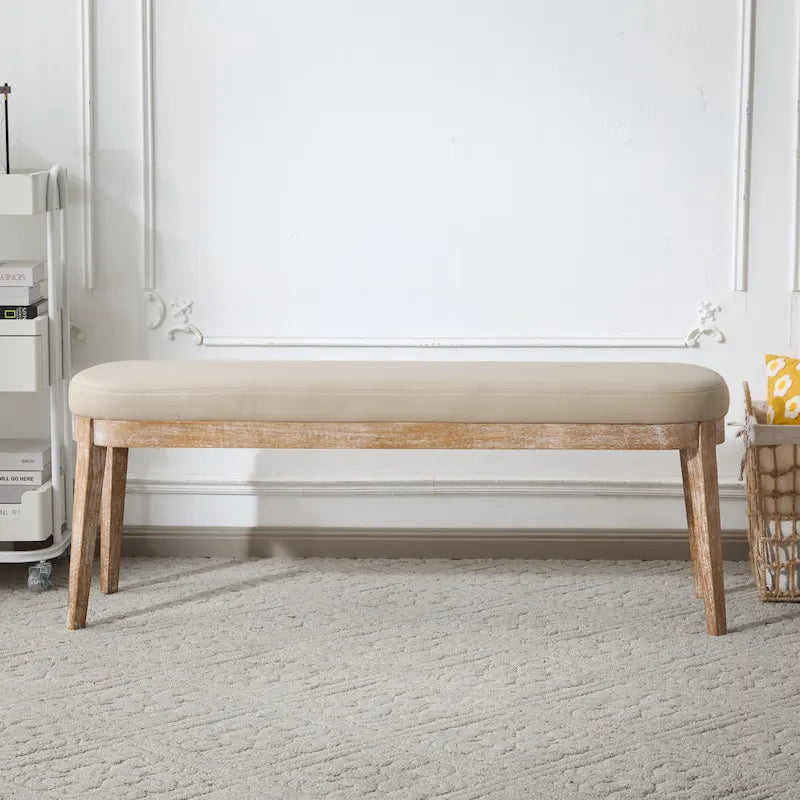Mid-Century Modern Upholstered Bench with Solid Wood Legs, Brown & Gray