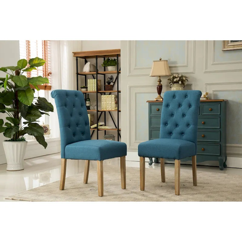 Button-Tufted High-Back Upholstered Dining Chair with Solid Wood Legs