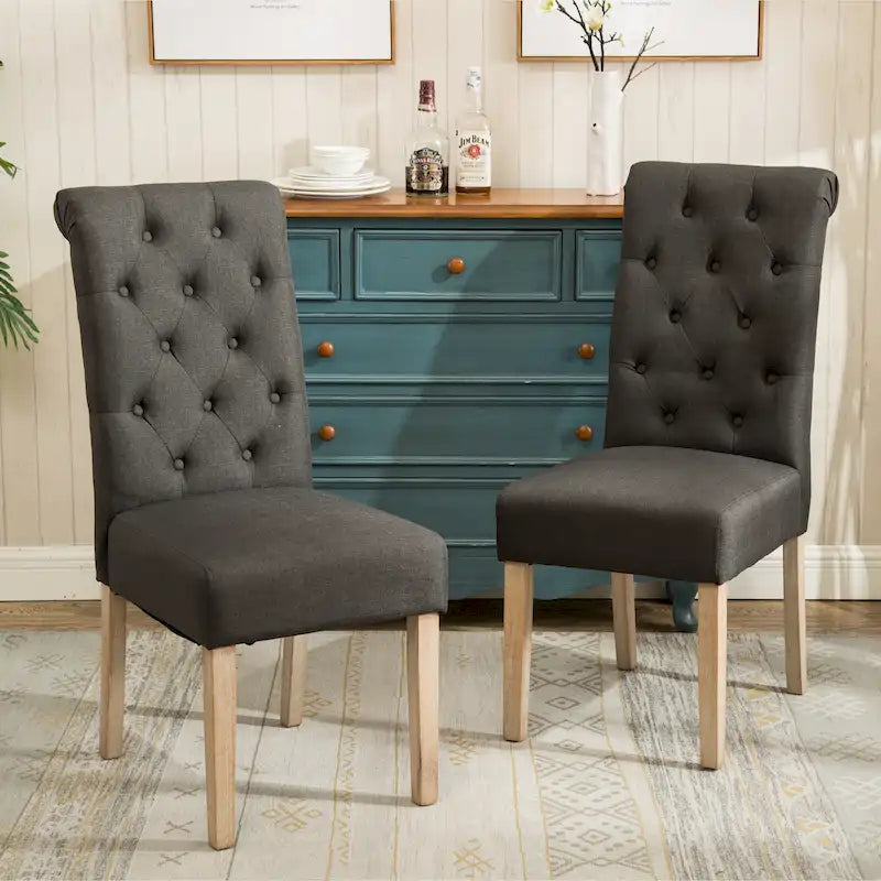 Button-Tufted High-Back Upholstered Dining Chair with Solid Wood Legs