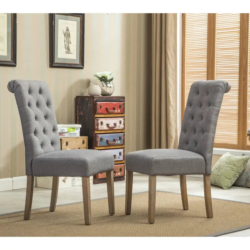 Button-Tufted High-Back Upholstered Dining Chair with Solid Wood Legs
