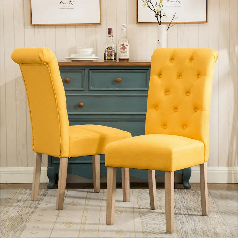 Button-Tufted High-Back Upholstered Dining Chair with Solid Wood Legs