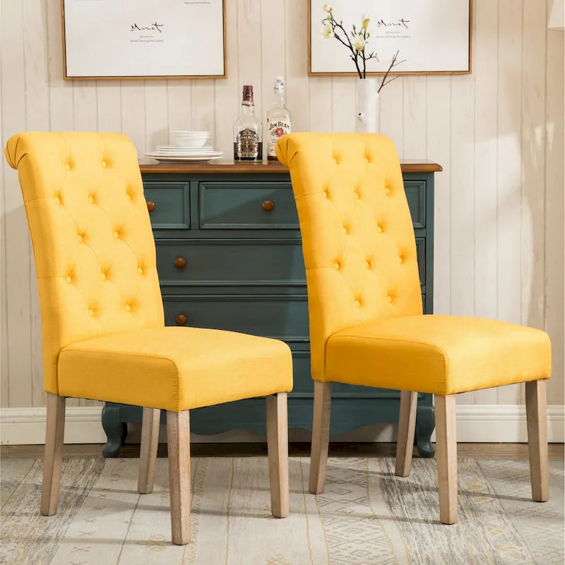 Button-Tufted High-Back Upholstered Dining Chair with Solid Wood Legs