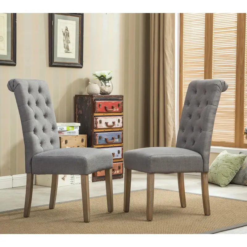 Button-Tufted High-Back Upholstered Dining Chair with Solid Wood Legs