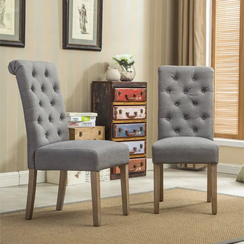 Button-Tufted High-Back Upholstered Dining Chair with Solid Wood Legs