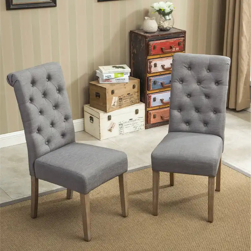 Button-Tufted High-Back Upholstered Dining Chair with Solid Wood Legs