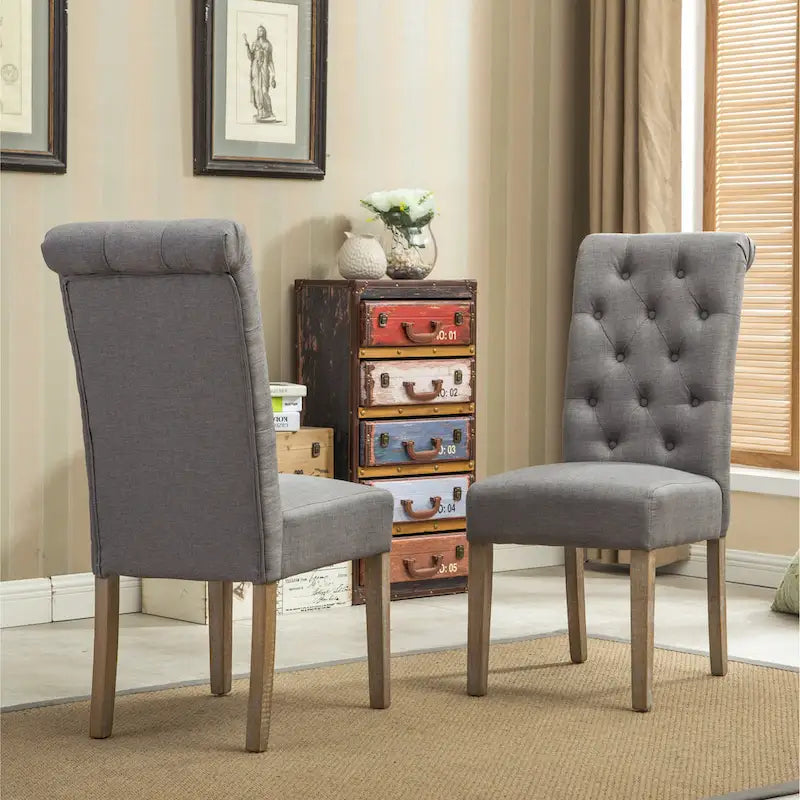 Button-Tufted High-Back Upholstered Dining Chair with Solid Wood Legs