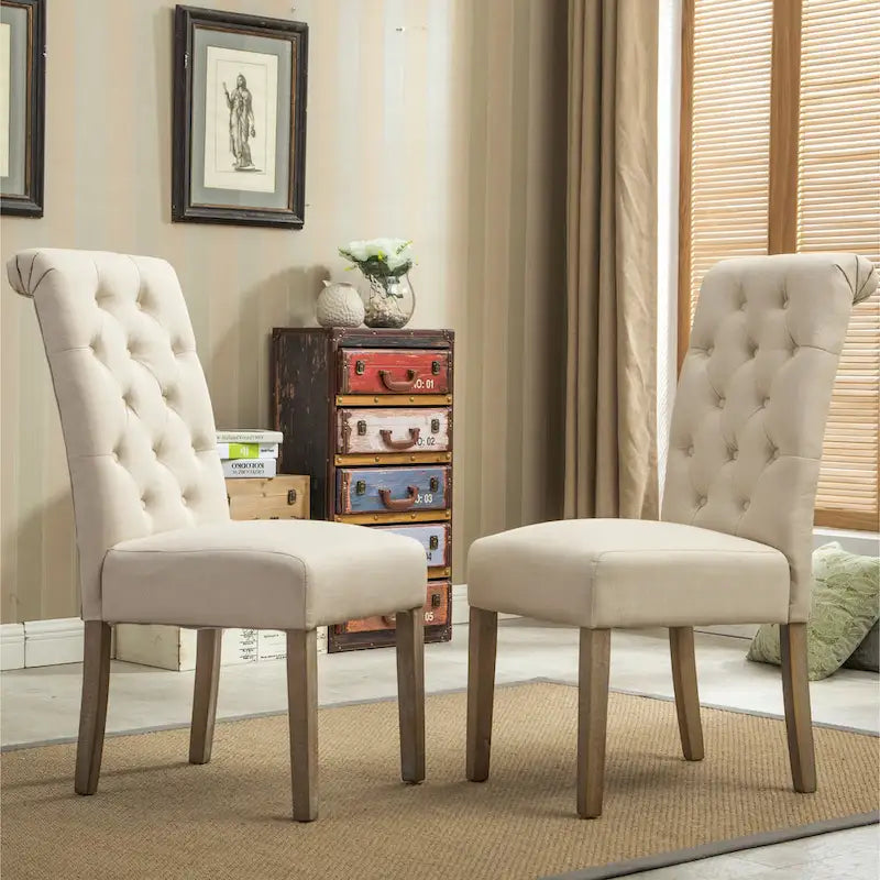 Button-Tufted High-Back Upholstered Dining Chair with Solid Wood Legs