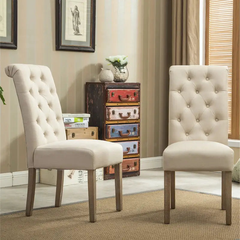 Button-Tufted High-Back Upholstered Dining Chair with Solid Wood Legs