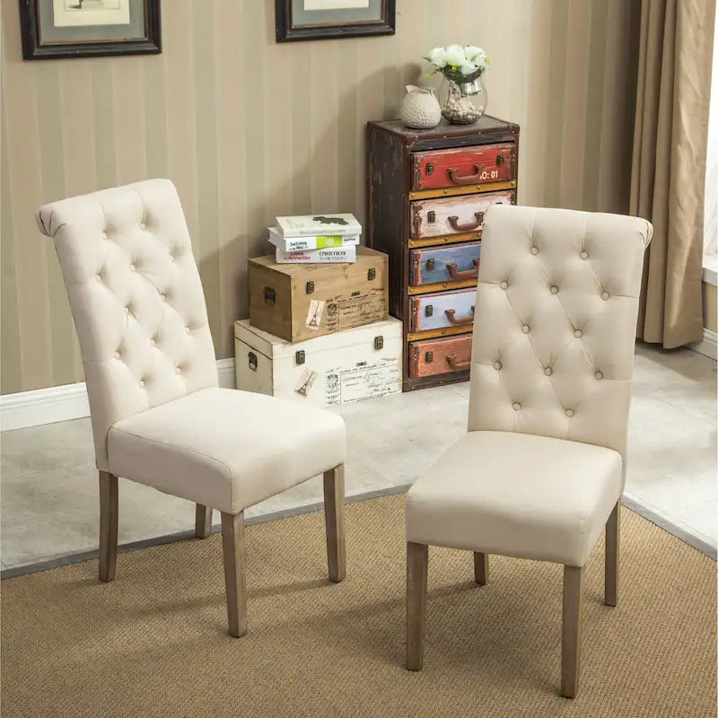 Button-Tufted High-Back Upholstered Dining Chair with Solid Wood Legs