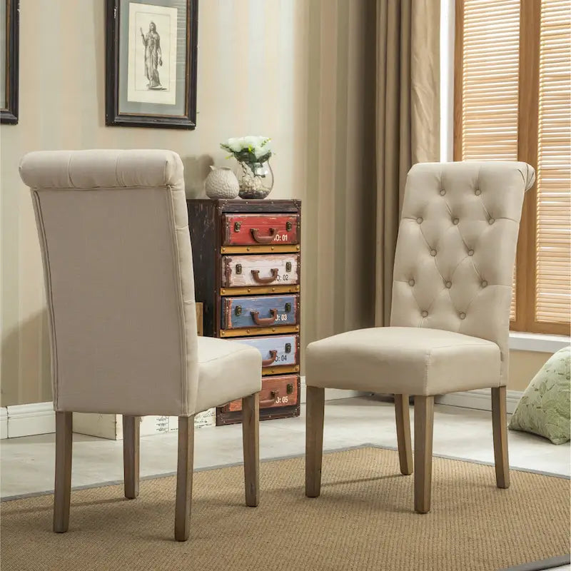 Button-Tufted High-Back Upholstered Dining Chair with Solid Wood Legs