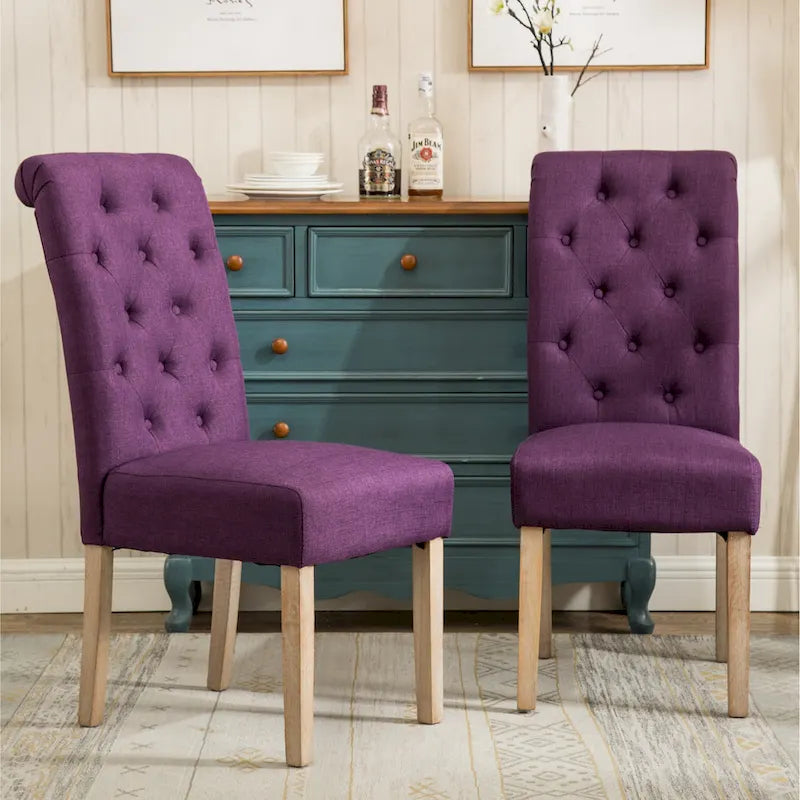 Button-Tufted High-Back Upholstered Dining Chair with Solid Wood Legs