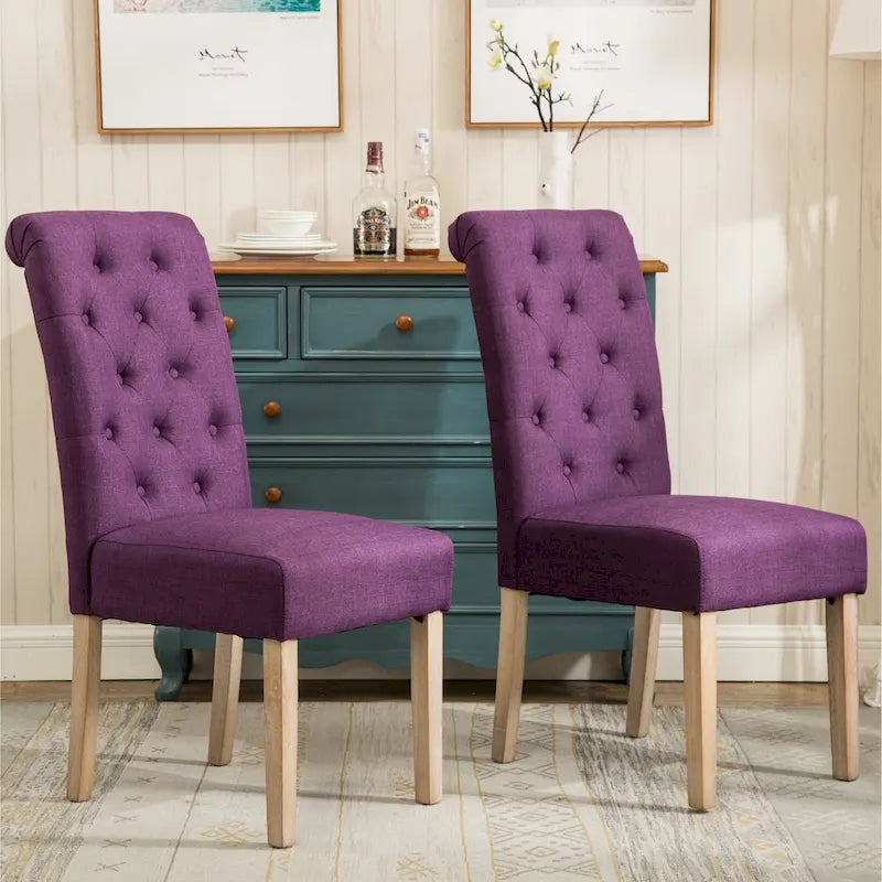 Button-Tufted High-Back Upholstered Dining Chair with Solid Wood Legs