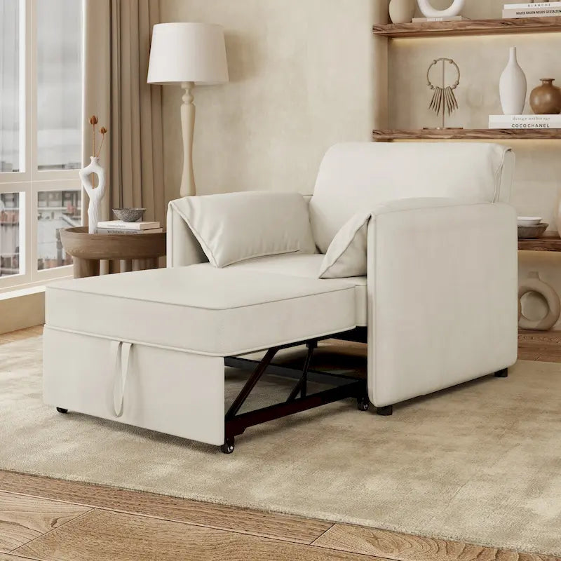 Convertible Sleeper Chair Sofa Bed with Adjustable Backrest, Linen Upholstery, White/Grey