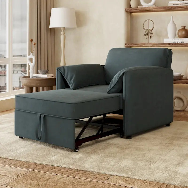 Convertible Sleeper Chair Sofa Bed with Adjustable Backrest, Linen Upholstery, White/Grey