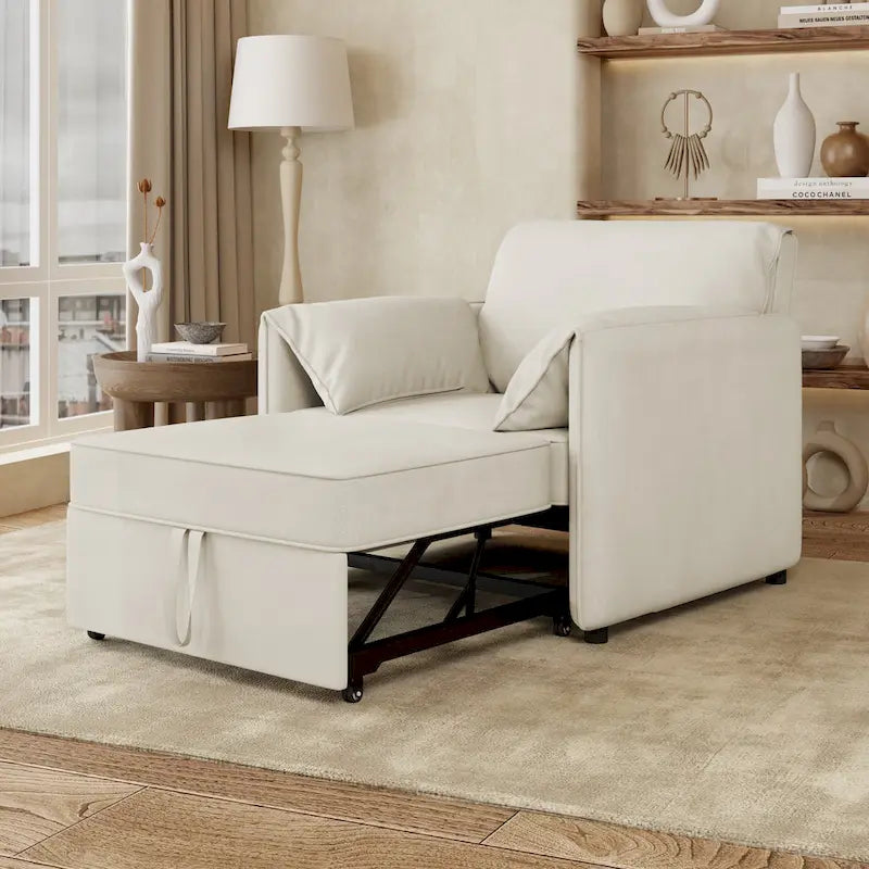 Convertible Sleeper Chair Sofa Bed with Adjustable Backrest, Linen Upholstery, White/Grey