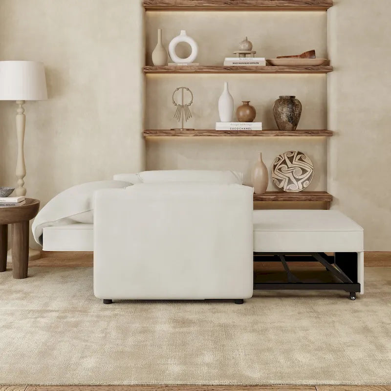 Convertible Sleeper Chair Sofa Bed with Adjustable Backrest, Linen Upholstery, White/Grey