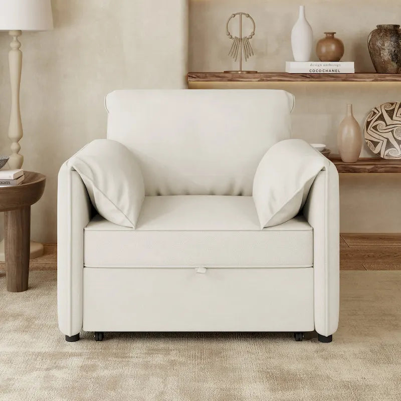 Convertible Sleeper Chair Sofa Bed with Adjustable Backrest, Linen Upholstery, White/Grey
