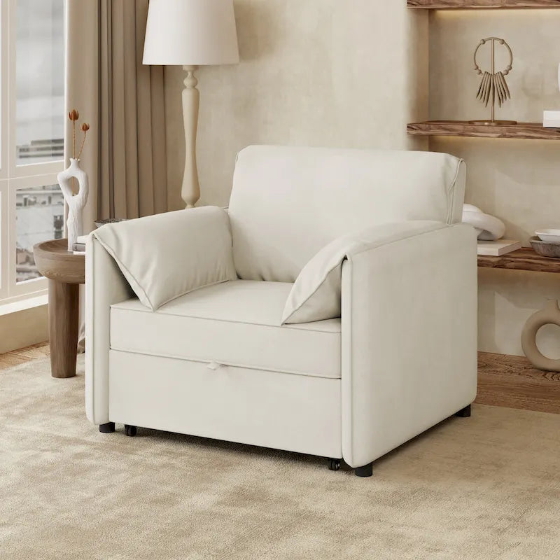 Convertible Sleeper Chair Sofa Bed with Adjustable Backrest, Linen Upholstery, White/Grey