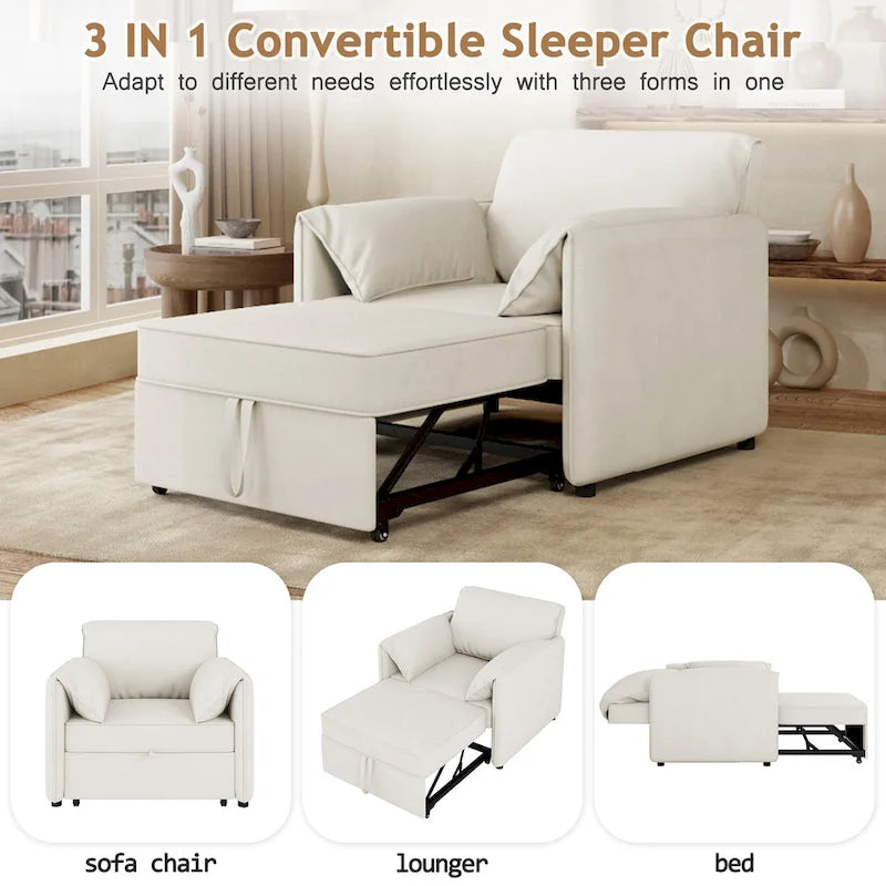 Convertible Sleeper Chair Sofa Bed with Adjustable Backrest, Linen Upholstery, White/Grey