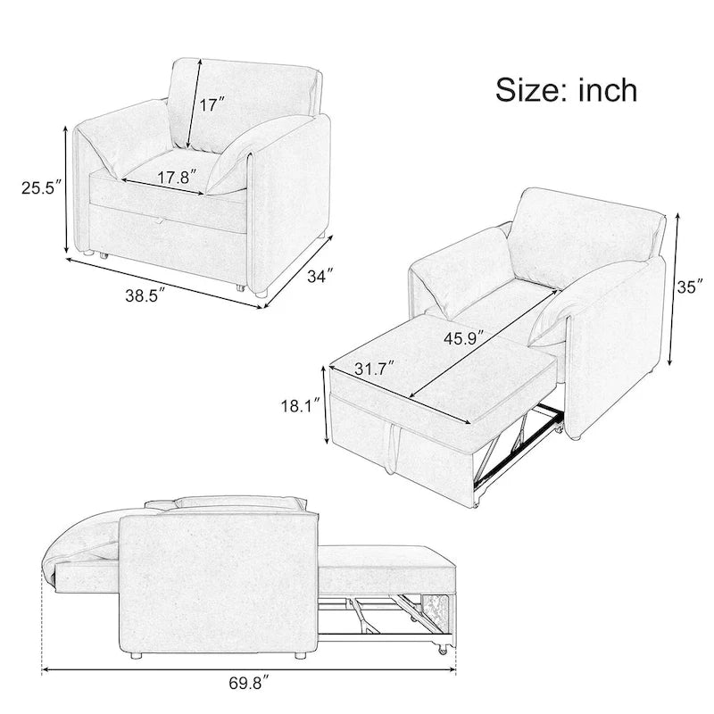 Convertible Sleeper Chair Sofa Bed with Adjustable Backrest, Linen Upholstery, White/Grey