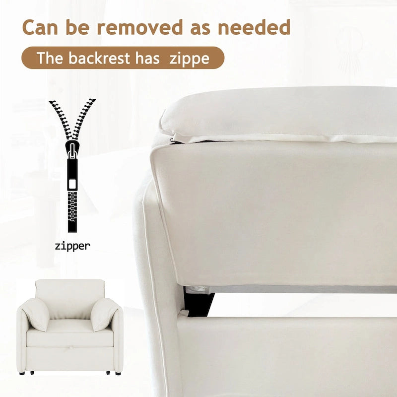Convertible Sleeper Chair Sofa Bed with Adjustable Backrest, Linen Upholstery, White/Grey