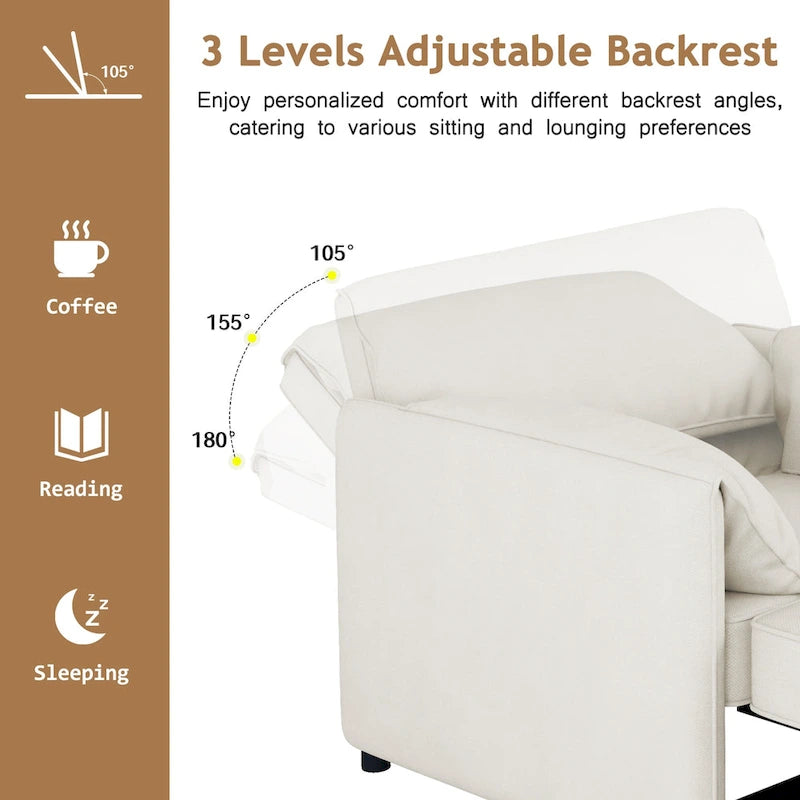 Convertible Sleeper Chair Sofa Bed with Adjustable Backrest, Linen Upholstery, White/Grey