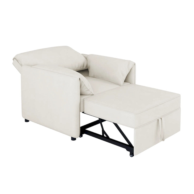 Convertible Sleeper Chair Sofa Bed with Adjustable Backrest, Linen Upholstery, White/Grey