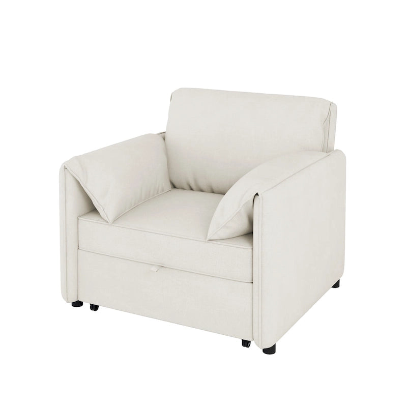 Convertible Sleeper Chair Sofa Bed with Adjustable Backrest, Linen Upholstery, White/Grey