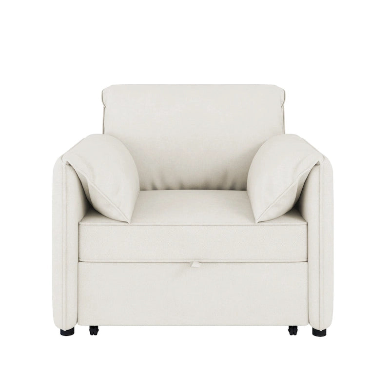 Convertible Sleeper Chair Sofa Bed with Adjustable Backrest, Linen Upholstery, White/Grey