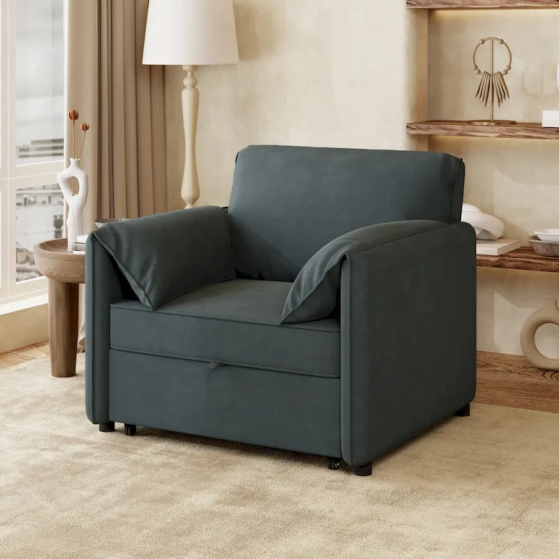 Convertible Sleeper Chair Sofa Bed with Adjustable Backrest, Linen Upholstery, White/Grey
