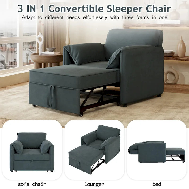 Convertible Sleeper Chair Sofa Bed with Adjustable Backrest, Linen Upholstery, White/Grey