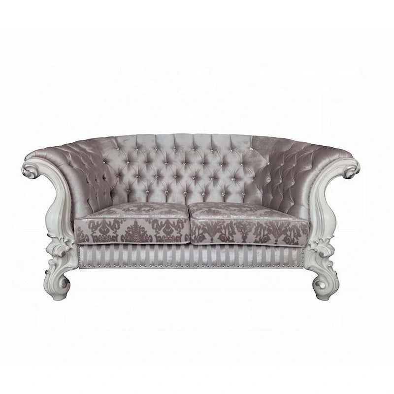 Ivory Tufted Fabric Loveseat Scrolled Armrest Crescent Back Bone White