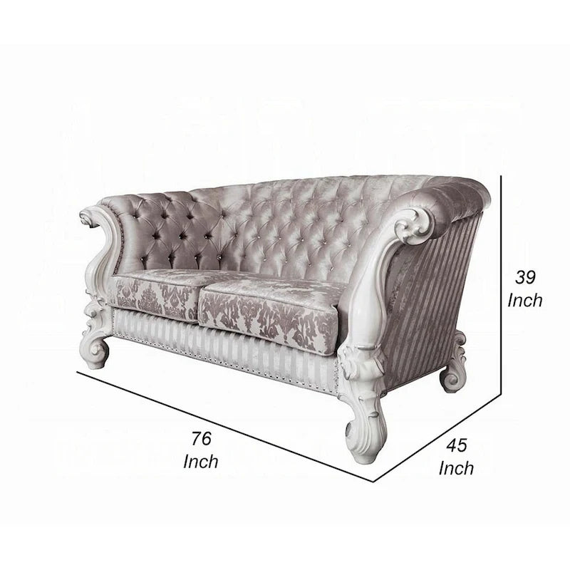Ivory Tufted Fabric Loveseat Scrolled Armrest Crescent Back Bone White