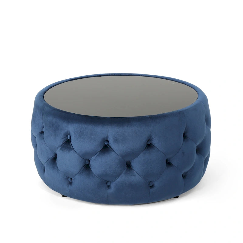 Round Velvet Button-Tufted Ottoman with Tempered Glass Top, Modern Glam Beige