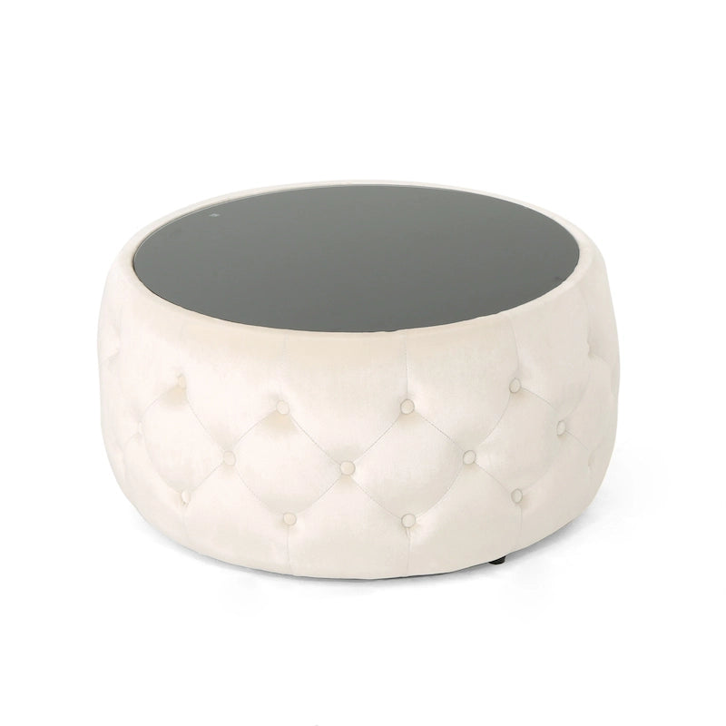 Round Velvet Button-Tufted Ottoman with Tempered Glass Top, Modern Glam Beige