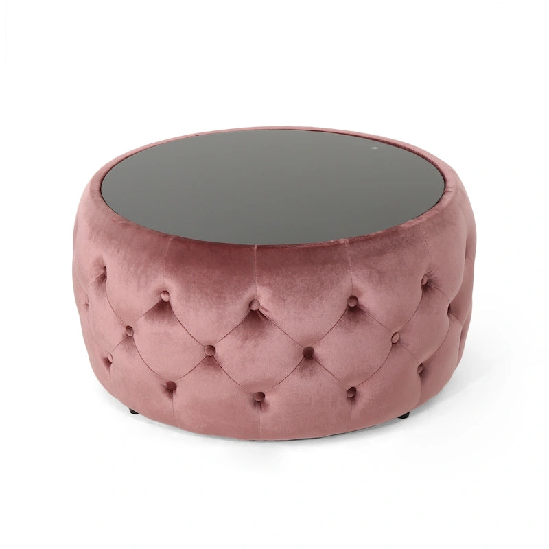 Round Velvet Button-Tufted Ottoman with Tempered Glass Top, Modern Glam Beige
