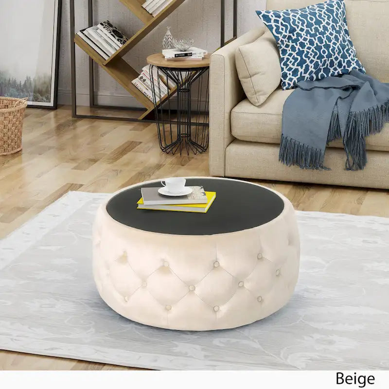 Round Velvet Button-Tufted Ottoman with Tempered Glass Top, Modern Glam Beige
