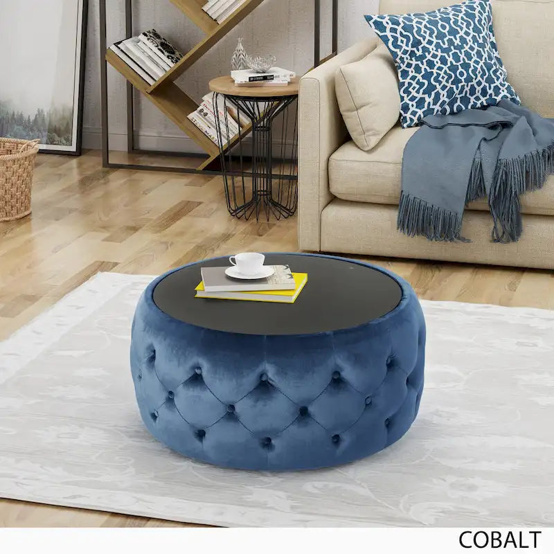 Round Velvet Button-Tufted Ottoman with Tempered Glass Top, Modern Glam Beige