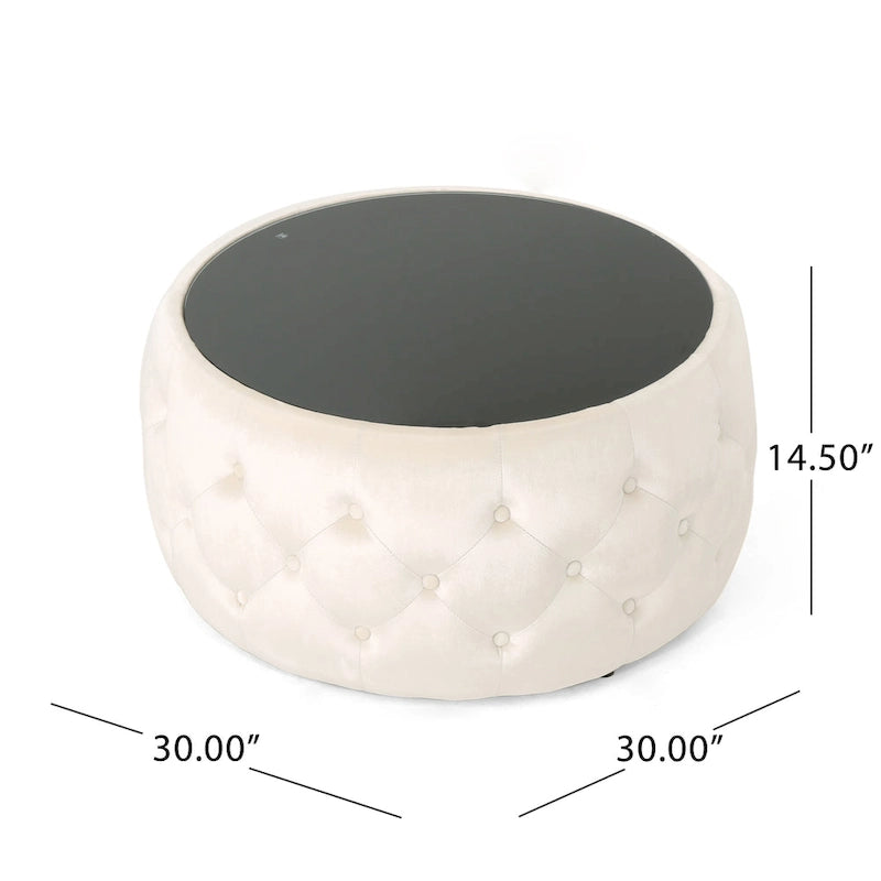 Runder, mit Knöpfen getufteter Samthocker mit Tischplatte aus gehärtetem Glas, moderner Glamour-Stil, Beige